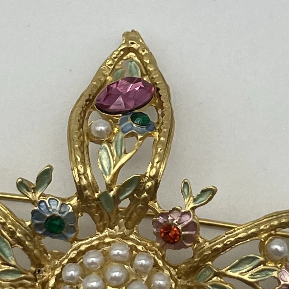 Vintage Rhinestone Pearl Brooch Signed Tiara Misu IV Pastel‎ Flower Gold Toned